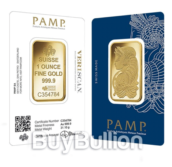 1 oz 99.99% gold PAMP Suisse bar 1oz-Pamp-Gold-bar-in-assay