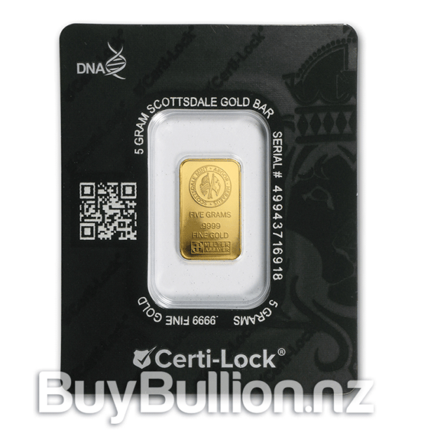 1 gram 99.99% Scottsdale Mint gold bar 5gram-GoldBar-Scottsdale-Certilock-AssayB